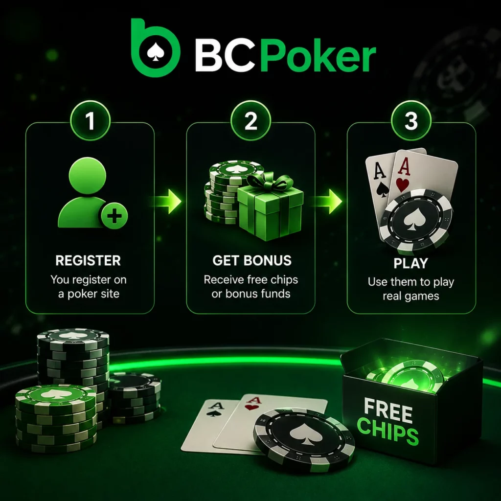 BC Poker bonus guide infographic showing registration, free chips and real money poker gameplay steps