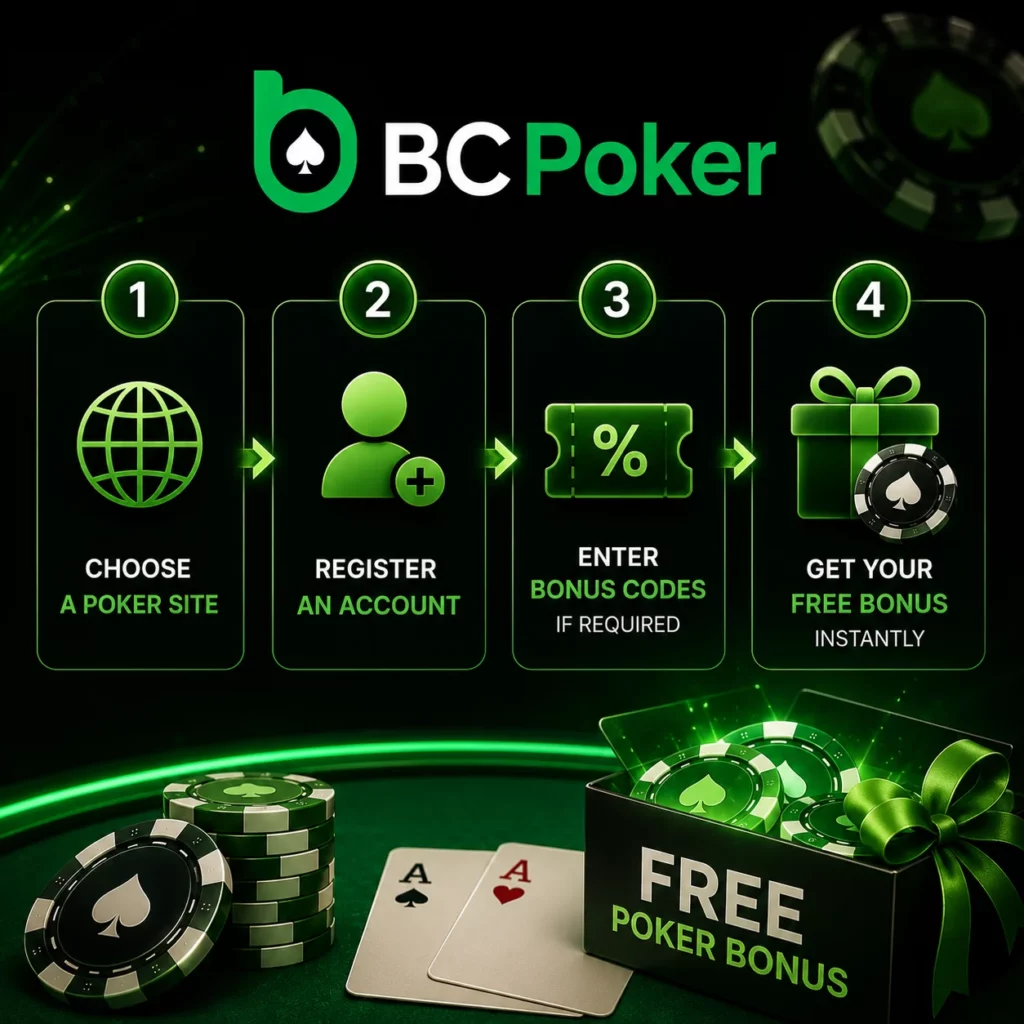 BC Poker free poker bonus infographic with account registration, bonus code activation and instant reward visuals